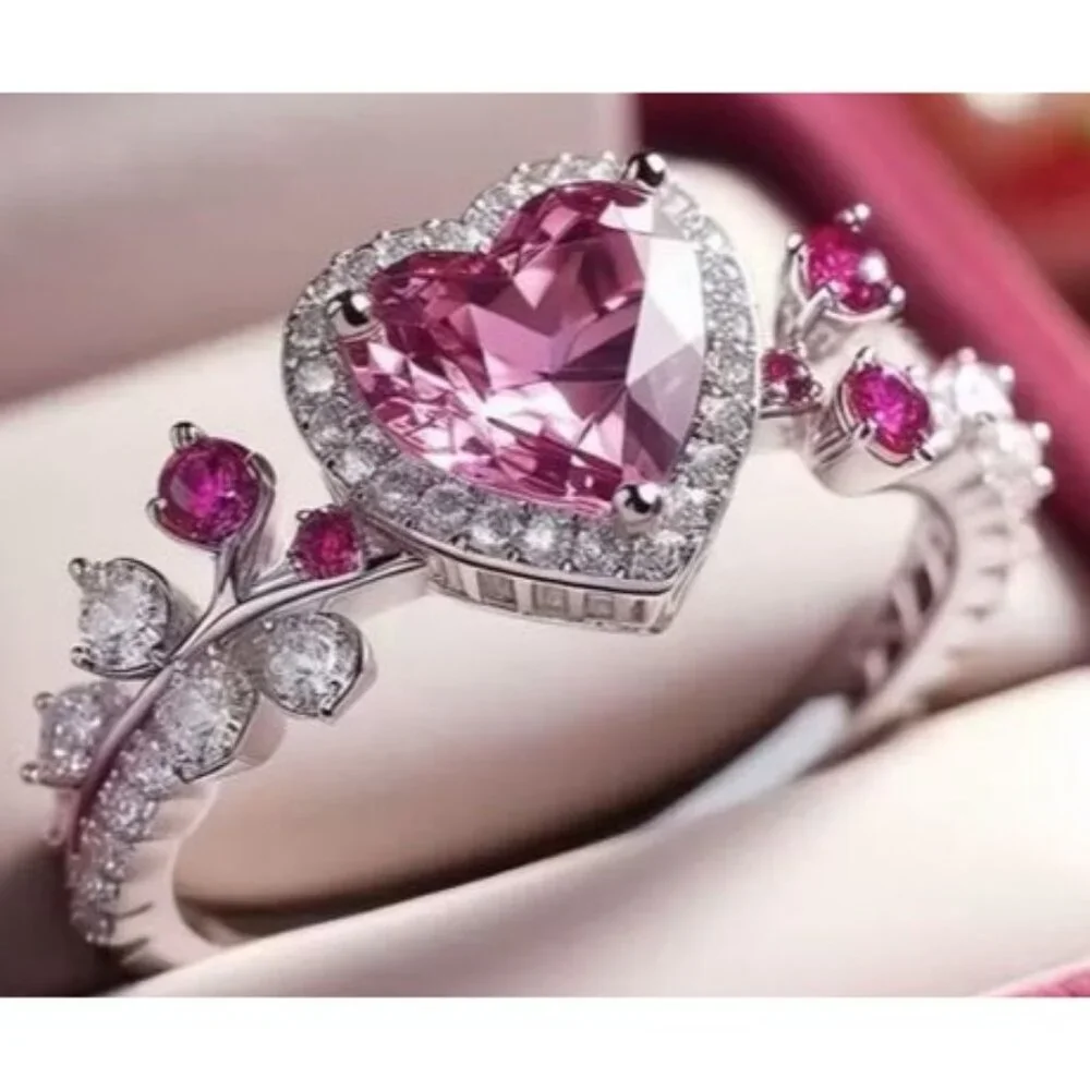 Heart Cut Pink Tourmaline Engagement Wedding Ring Set in Titanium